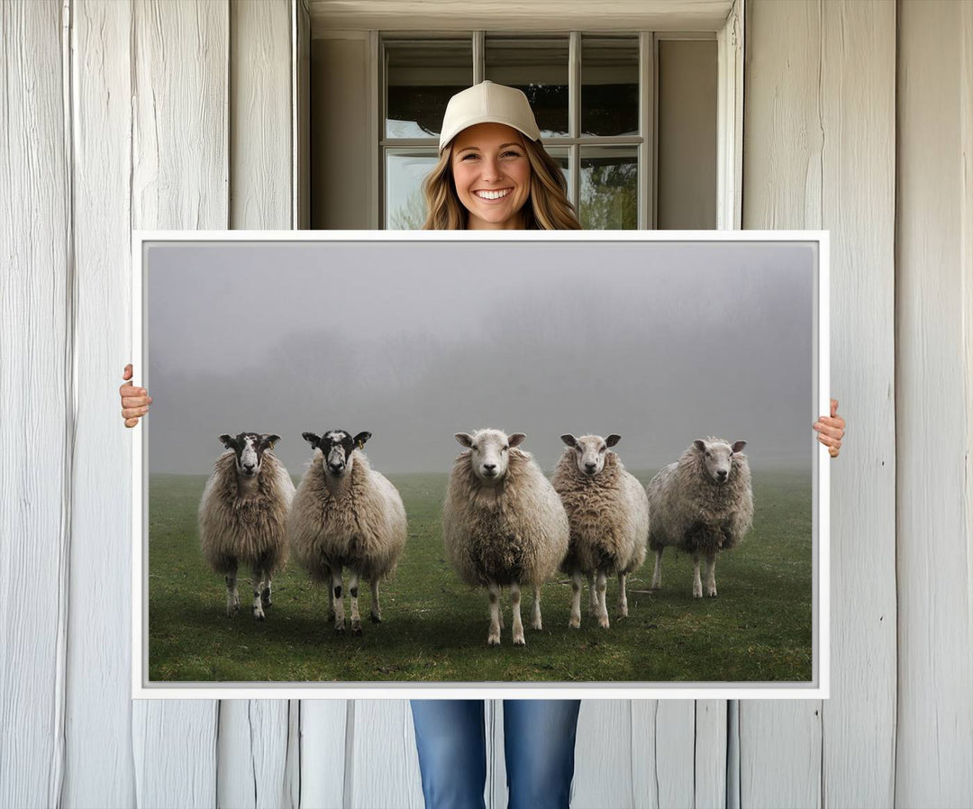 The Flock of Sheep in a Mystical Fog canvas print is framed and ready to hang.