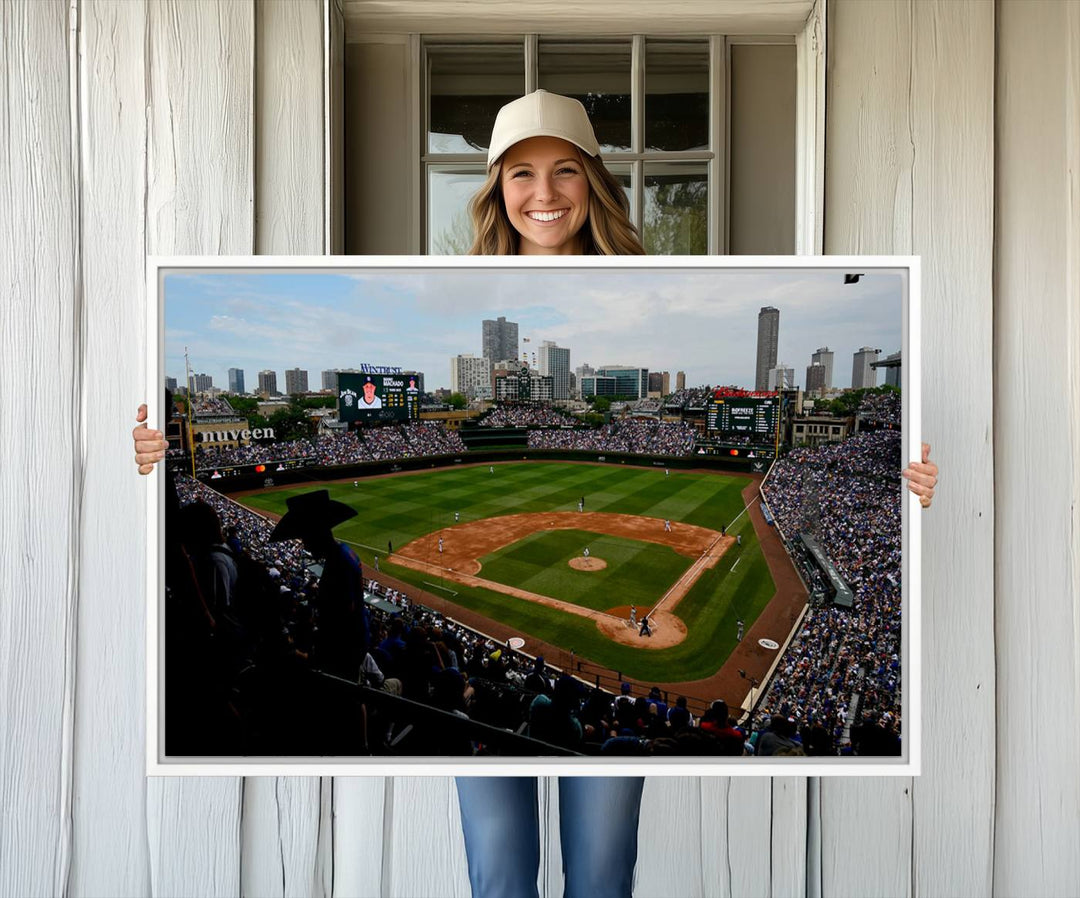 Admire this museum-quality canvas print of a Chicago Cubs game with a cityscape view from the stands at Wrigley Field.