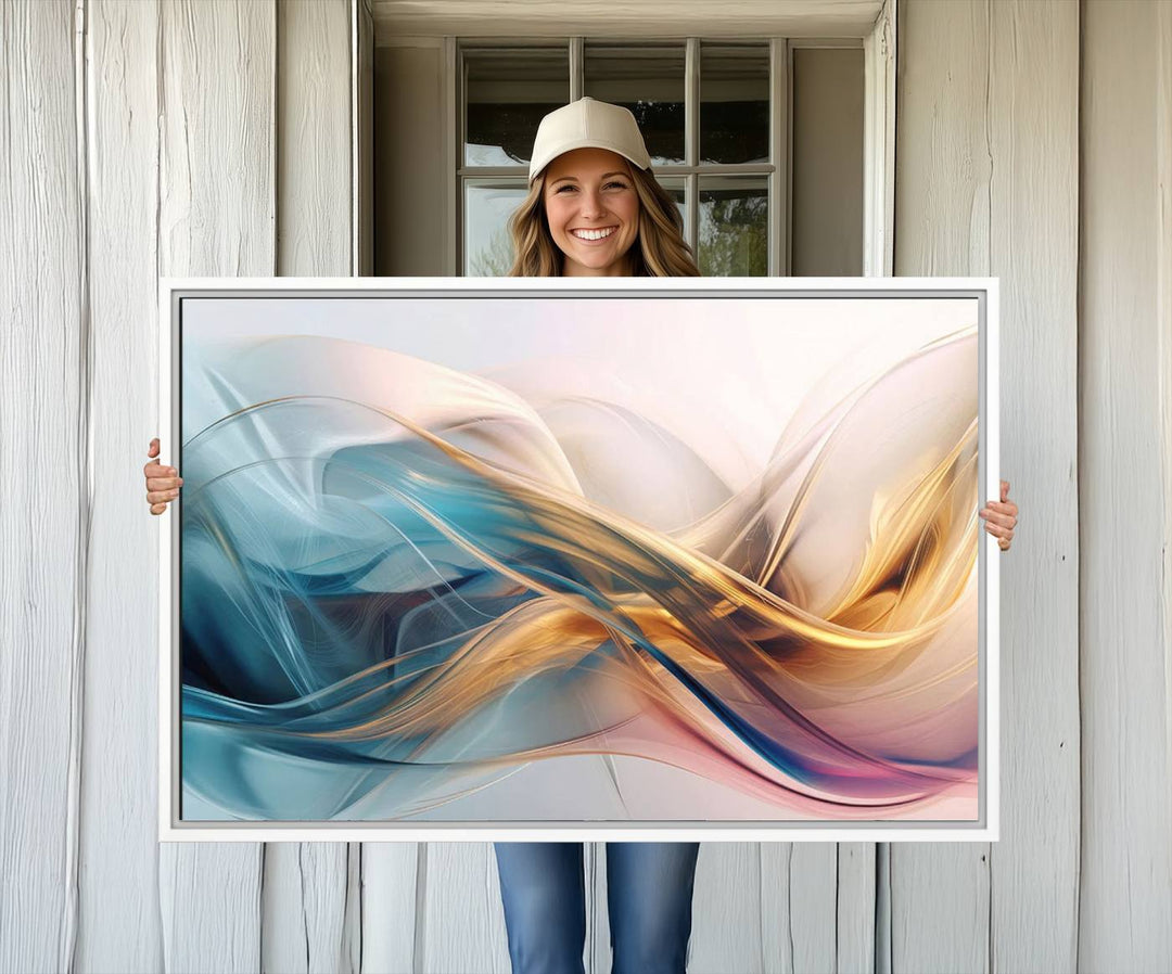 Abstract Flowing Colors Wall Art featuring blue, gold, and pink adds modern elegance to the space.