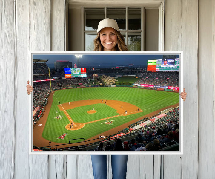 The Angel Stadium Aerial View canvas print of an Angels baseball game is showcased.