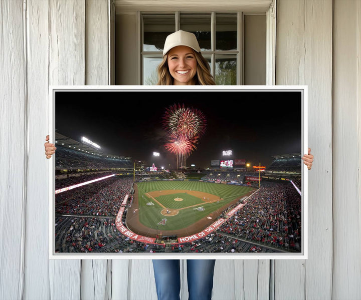 Fireworks at Angel Stadium – LA Angels Night Game Canvas Print, framed and ready to hang.