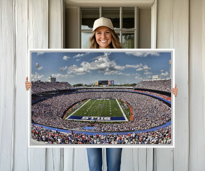 Our Buffalo Bills Game Day Canvas captures a vibrant scene at Highmark Stadium, with a lively crowd under a partly cloudy sky.