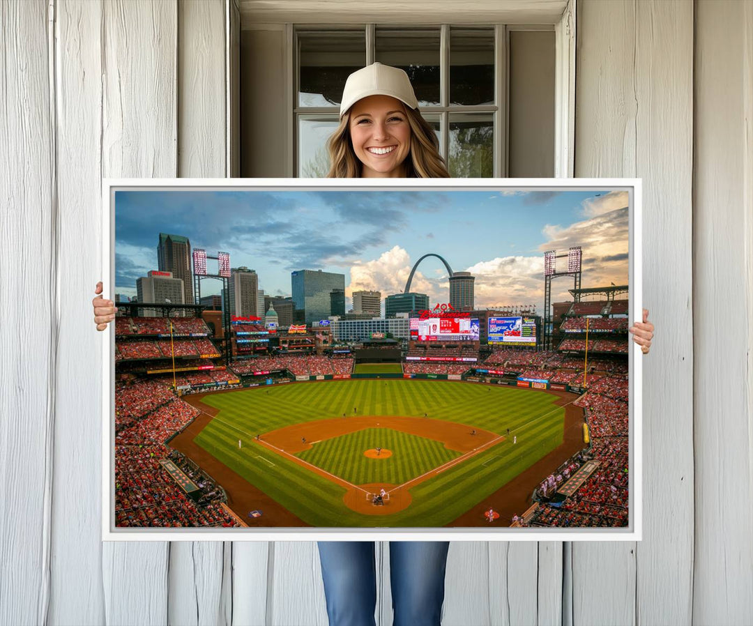 A Busch Stadium canvas print featuring a cityscape, ideal for enhancing living room or man cave sports decor.