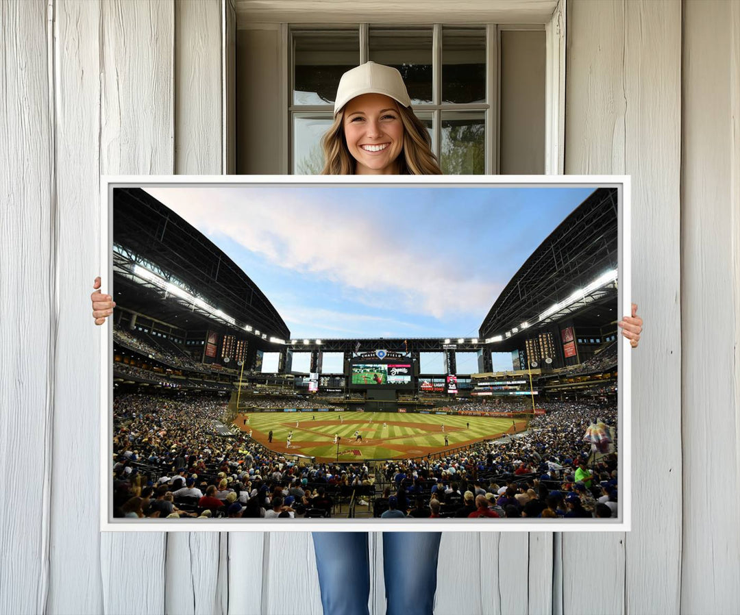 The wall art is an Arizona Diamondbacks Baseball Print depicting a packed Chase Field Stadium under a clear blue sky.