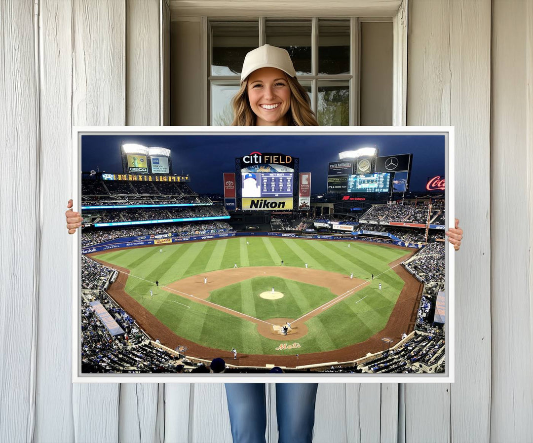 The wall is adorned with a 3-panel Citi Field Wall Art Print, framed for sports-themed decor.