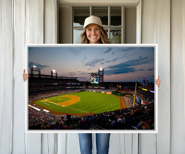 A wall art piece depicting the Philadelphia Phillies Citizens Bank Park Stadium at dusk.