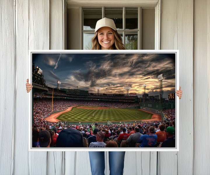 Boston Red Sox canvas print of Fenway Park at sunset, ideal for sports fans.