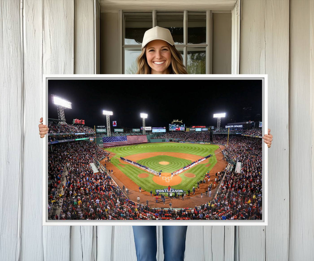 The Fenway Park Wall Art Canvas Print showcases a stunning aerial view of Bostons iconic ballpark at night, making it an ideal piece for any Red Sox enthusiast.