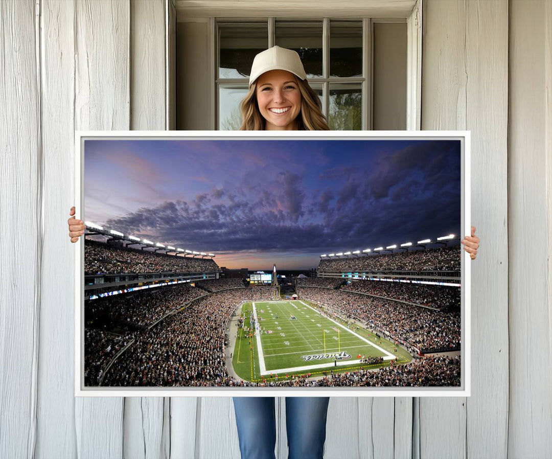 A large New England Patriots Foxborough Gillette Stadium wall art canvas print at sunset.