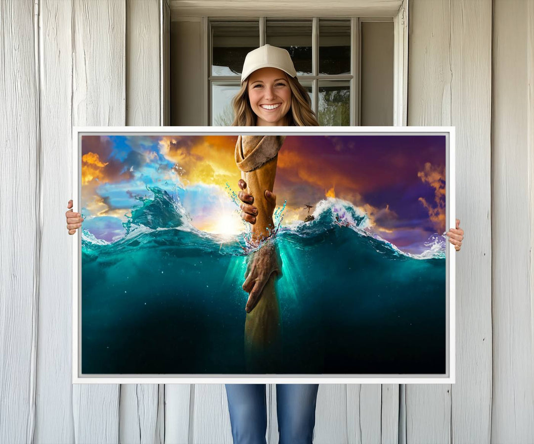 The God Hand Wall Art Canvas Print depicts hands reaching through water against a vibrant sky.