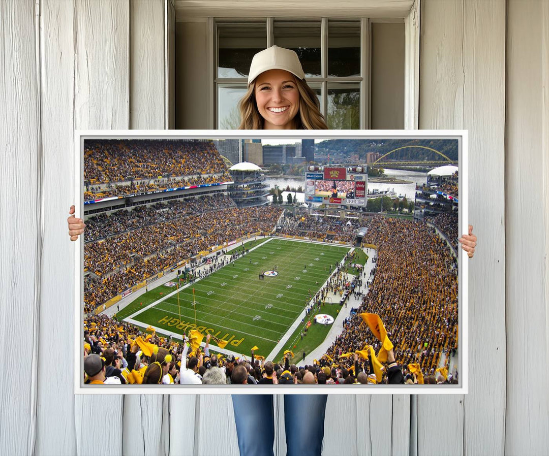 Heinz Field wall art and a cityscape serve as the backdrop.