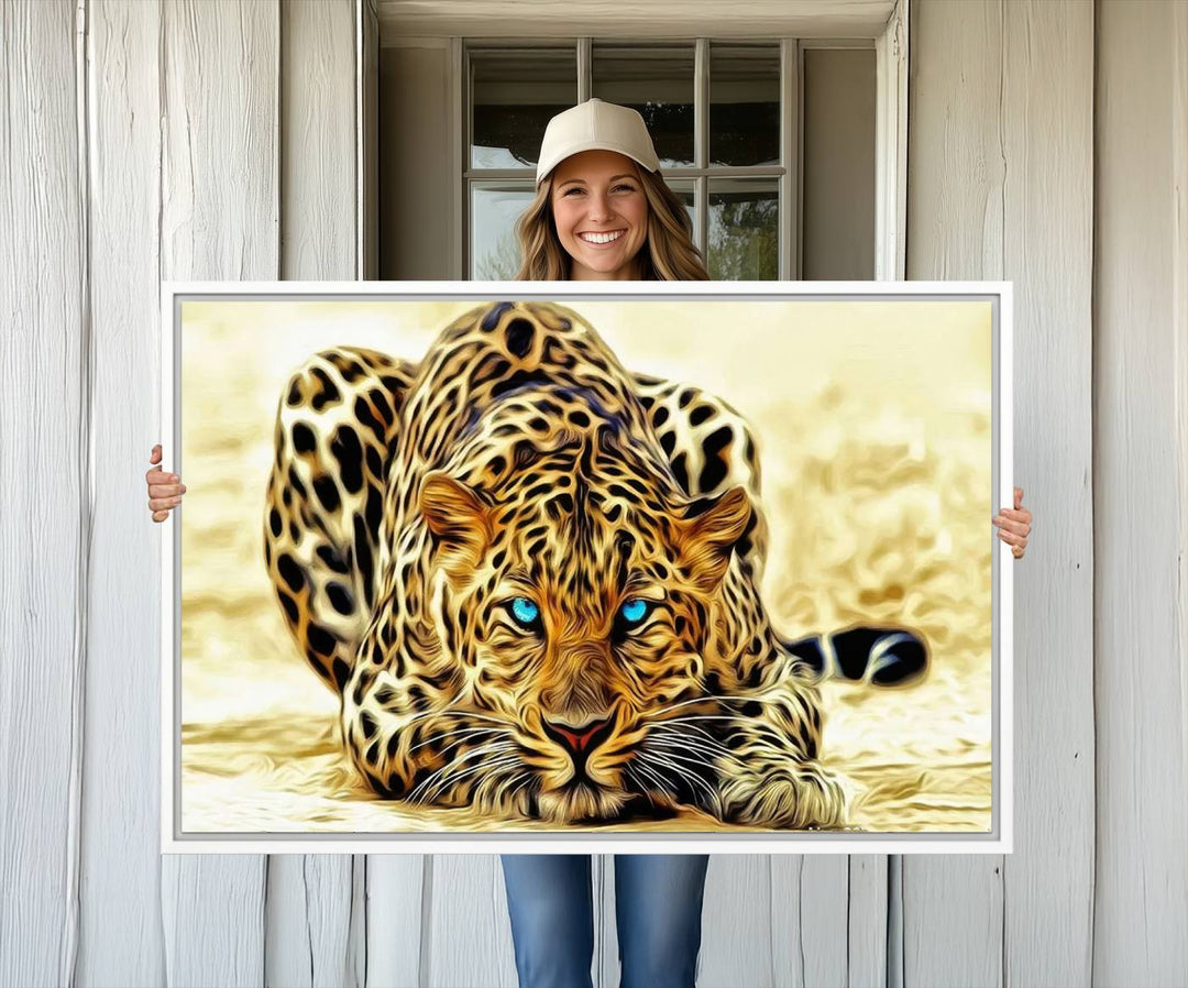 The Blue-Eyed Leopard Canvas Wall Art features a fierce and captivating design, perfect for wildlife enthusiasts. Its bold imagery makes it a striking decor piece, ready to hang.