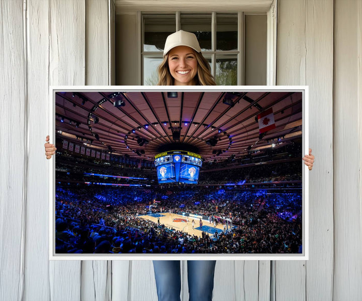 A print depicting an NBA game at Madison Square Garden, highlighting the scoreboard.