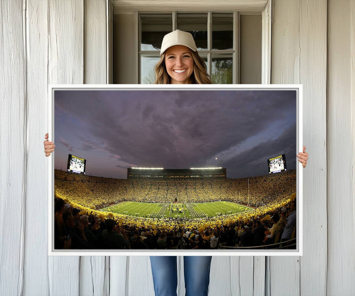 Michigan Stadium Wall Art Canvas Print of a night game by the Wolverines.