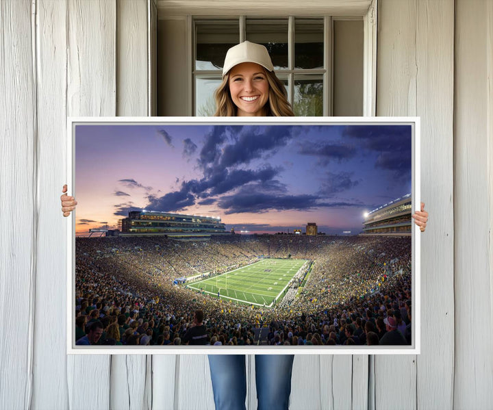 As the sun sets, a stunning backdrop highlights the Notre Dame Fighting Irish Football Team Print.