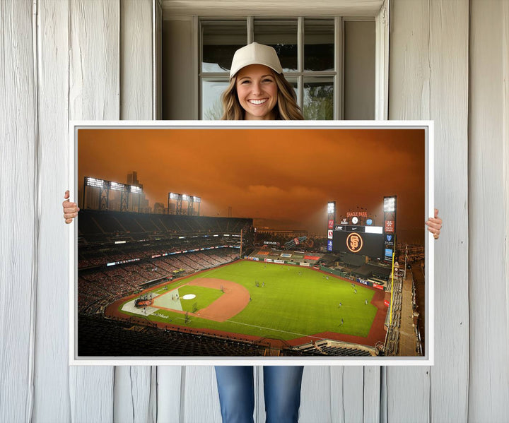 A canvas depicting an Oracle Park game with an orange sky, from SF Giants Stadium Wall Art.