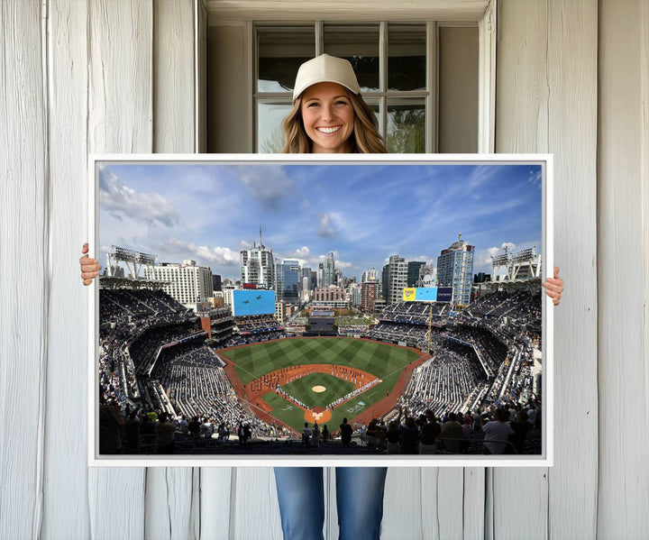 The San Diego Padres Baseball Canvas Print of Petco Park enhances the modern kitchen-dining area.