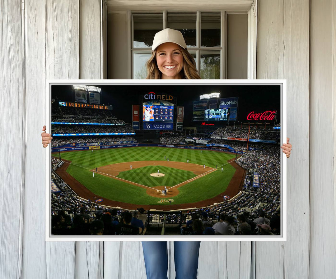 A print of the Oakland Athletics game at RingCentral Coliseum hangs on the wall.