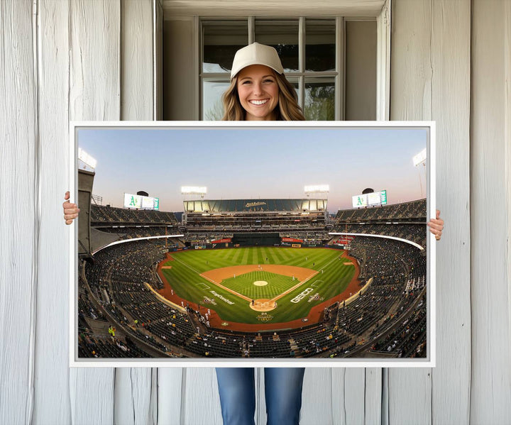 Oakland Athletics wall art canvas featuring the interior of RingCentral Coliseum Stadium.