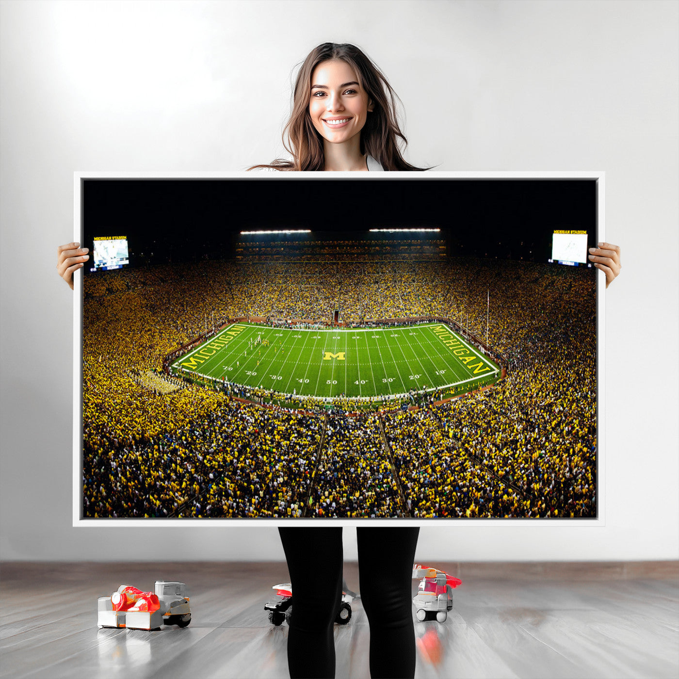 26166-MGV-CV-36X24-Stadium in Michigan Wall Art Canvas Print, Framed American Football Stadium Art Picture Print, Football Stadium Field Perfect Sports Room Decor Artwork