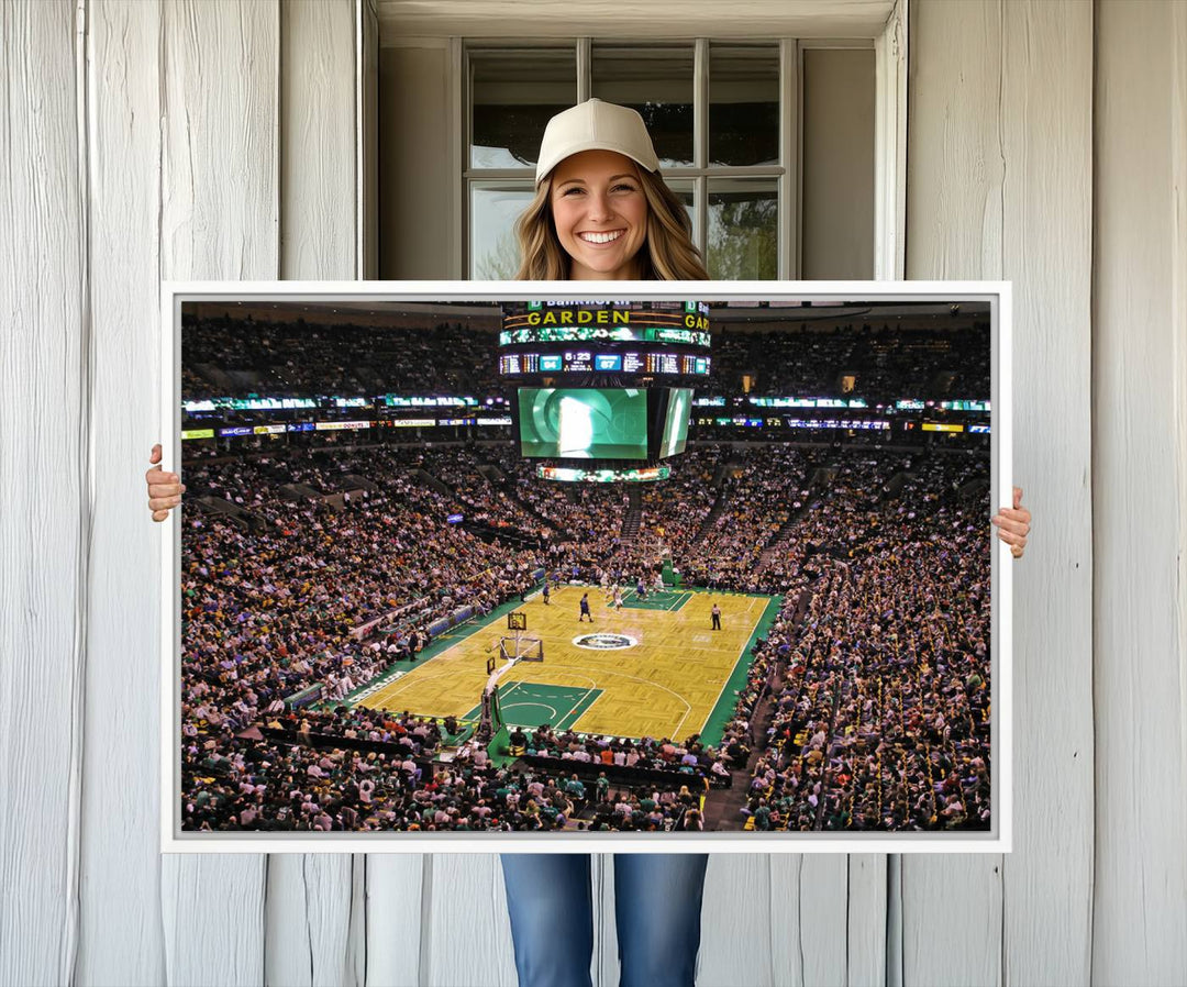 A vibrant depiction of a TD Garden basketball game is beautifully captured in the Boston Celtics Triple Canvas Wall Art, which comes framed and ready to hang.