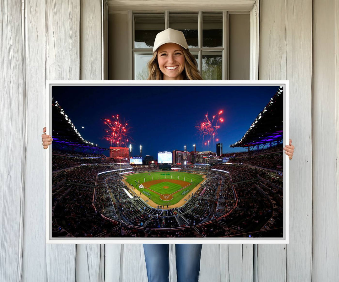 Truist Park wall art: fireworks over a Braves crowd, a large 3-panel canvas, framed and ready-to-hang.