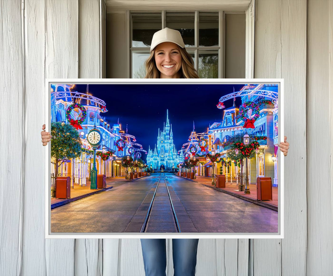 Disney wall art featuring a fantasy castle street at night.