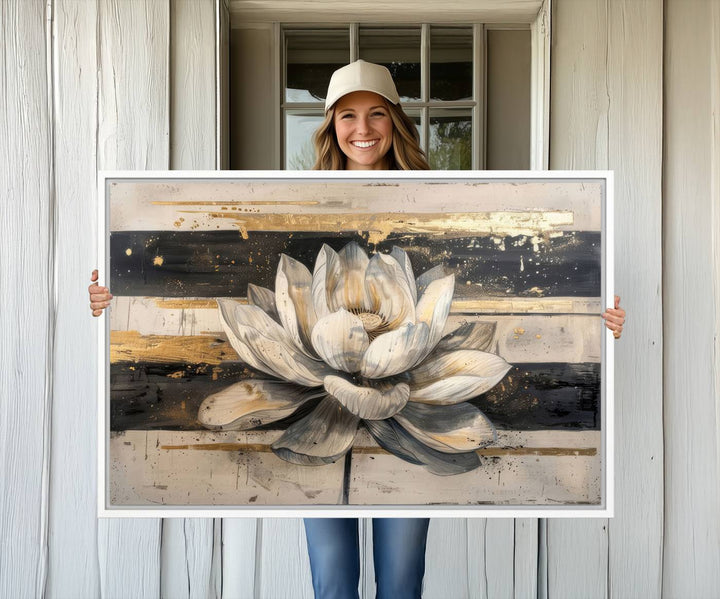 The wall is adorned with an Abstract Lotus Flower Wall Art Canvas Print.