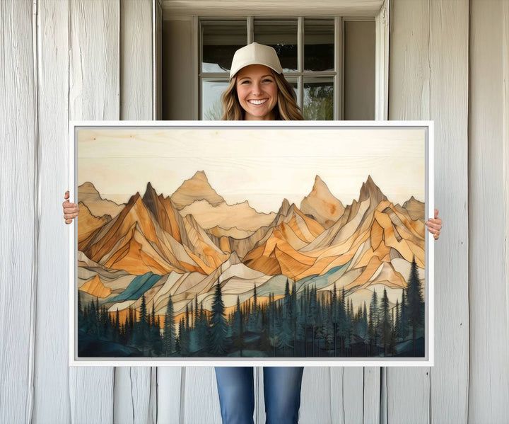 A triptych giclee print of mountains decorates the wall above the counter.