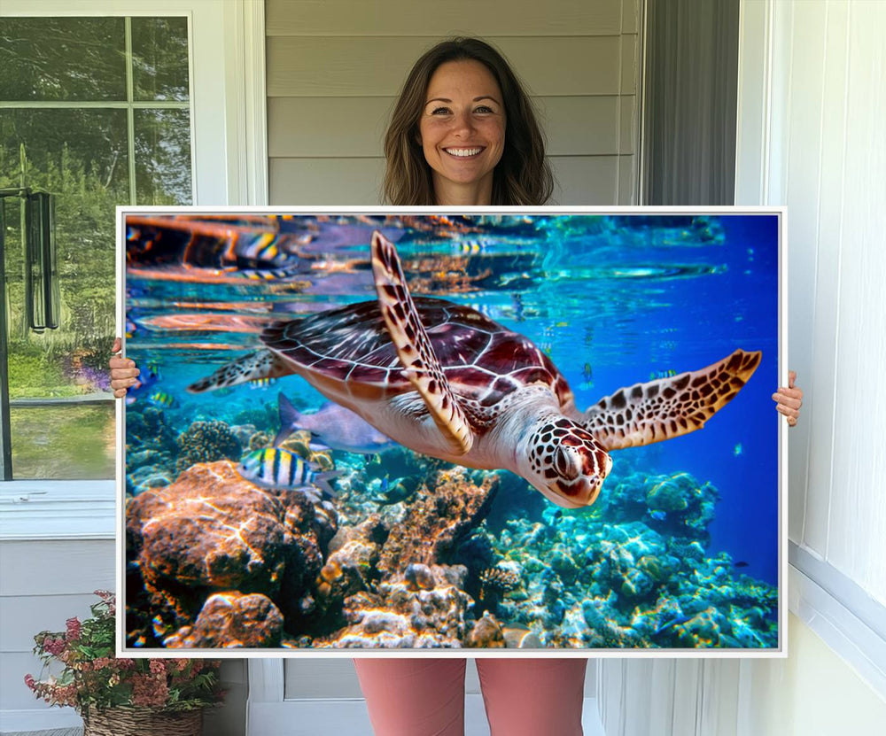 The dining area features the Underwater Coral Reef Sea Turtle Wall Art Canvas.