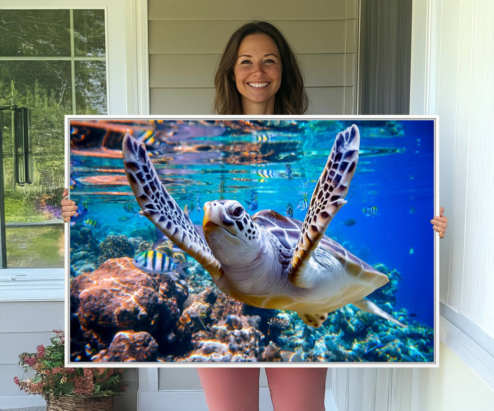 The Underwater Sea Turtle Wall Art Canvas Print serves as vibrant ocean décor, enhancing the kitchen with its stunning depiction.