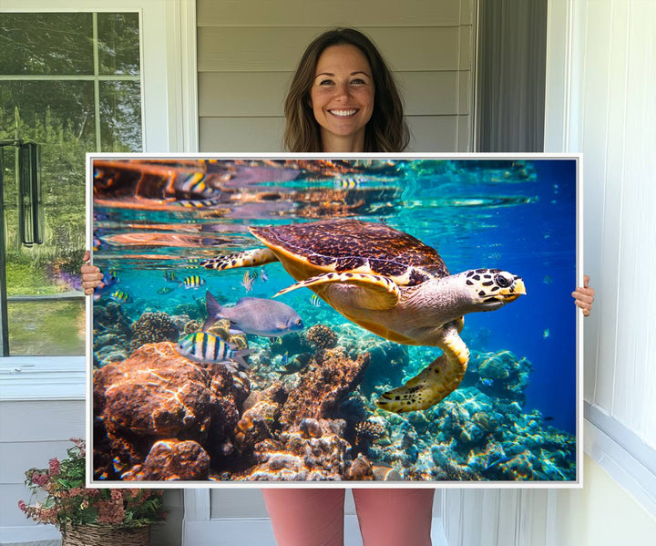 A Sea Turtle Wall Art Canvas Print features a colorful turtle swimming among coral. This artwork is ready to hang.