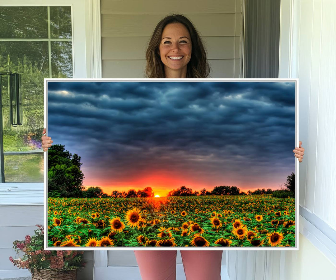 A Golden Sunflower Field at Sunset ready-to-hang wall art canvas print.