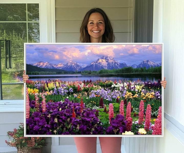 A Vibrant Wildflower Garden and Mountain View Giclee Print is displayed prominently on the wall.