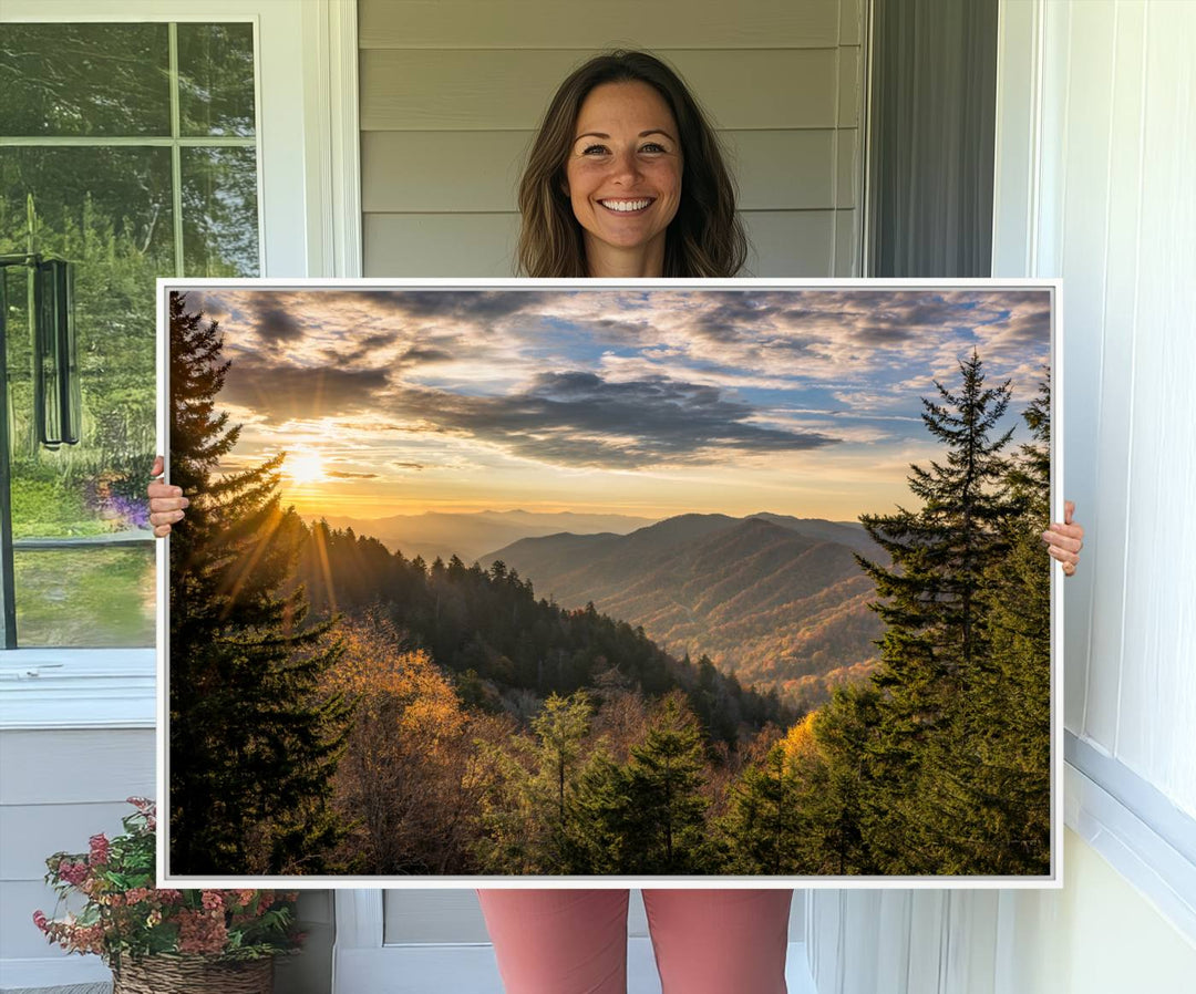 A triptych canvas titled Sunrise Over the Smoky Mountains adorns the wall.