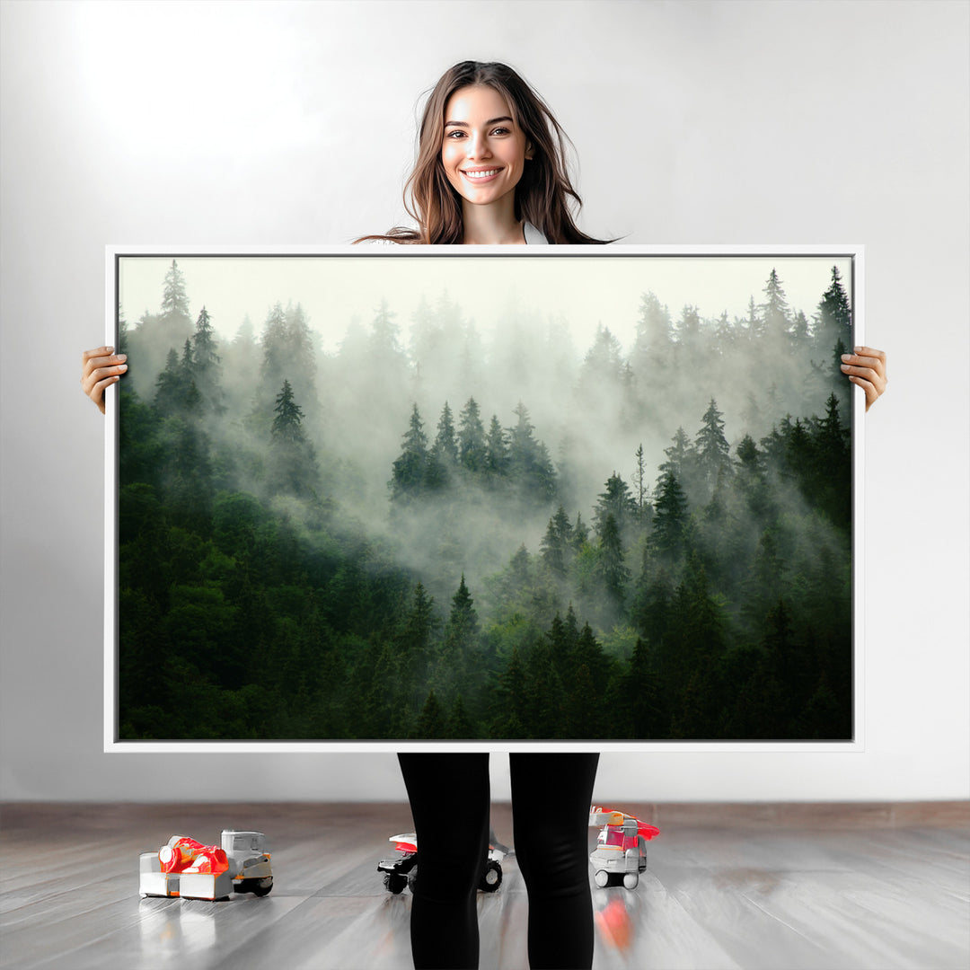 Misty Forest Wall Art Canvas Print - Foggy Forest Landscape Canvas Wall Art – Serene Triptych Nature Print – Woodland Landscape Decor