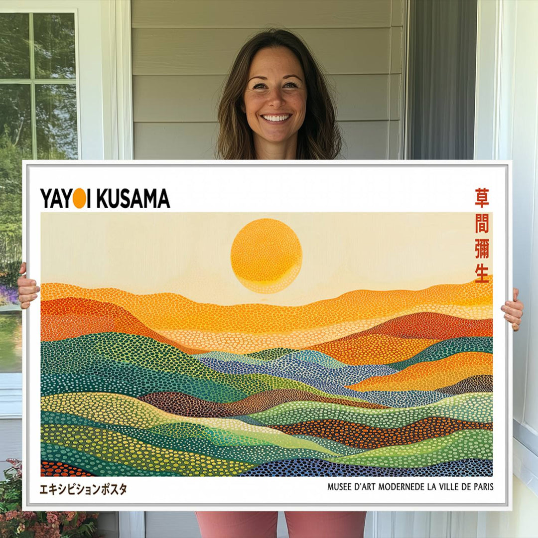 Framed Yayoi Kusama 1986 Wall Art: A vibrant abstract landscape featuring Wabi Sabi hills and a sun, created by the Japanese artist.