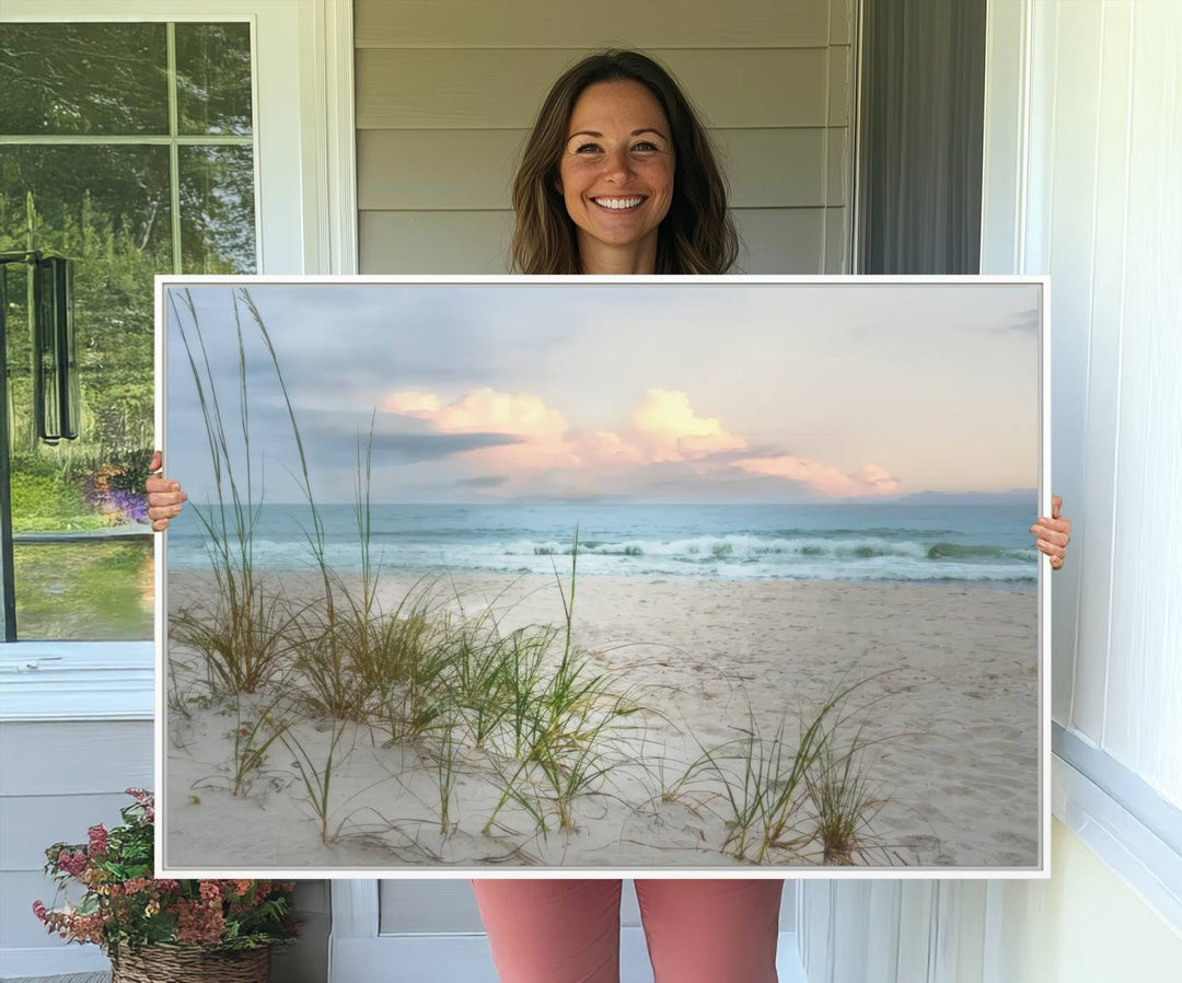 Flight Over Coastal Beach print on UV canvas displayed against white walls.