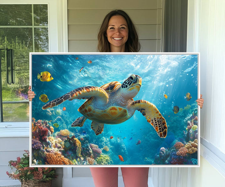 The Sea Turtle Underwater Canvas adorns the wall.