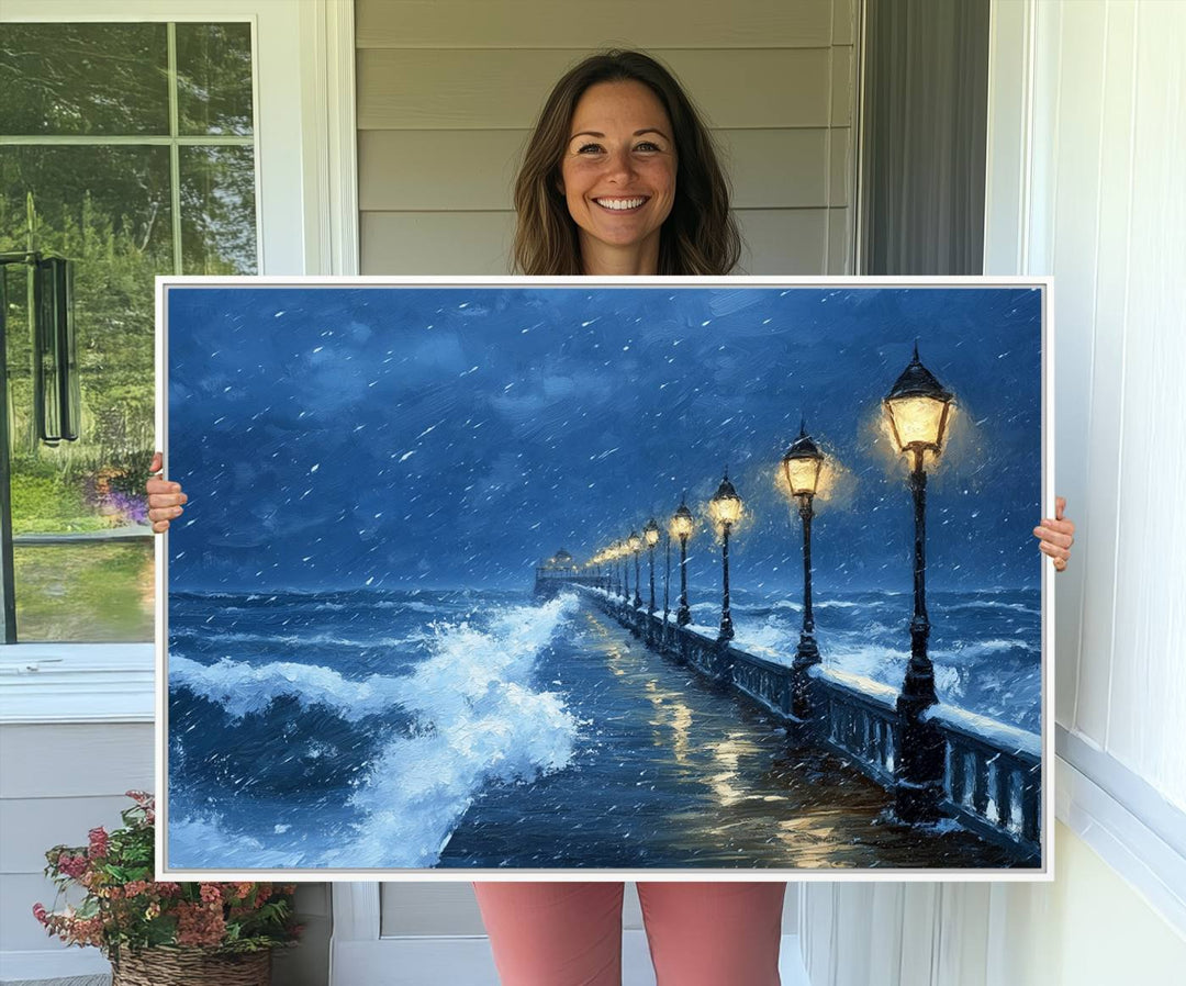 The living room features the Stormy Ocean Pier Lights canvas wall art for illumination.