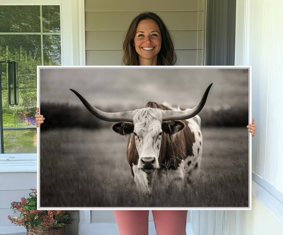 Large Texas Longhorn Cow Canvas for Western decor.