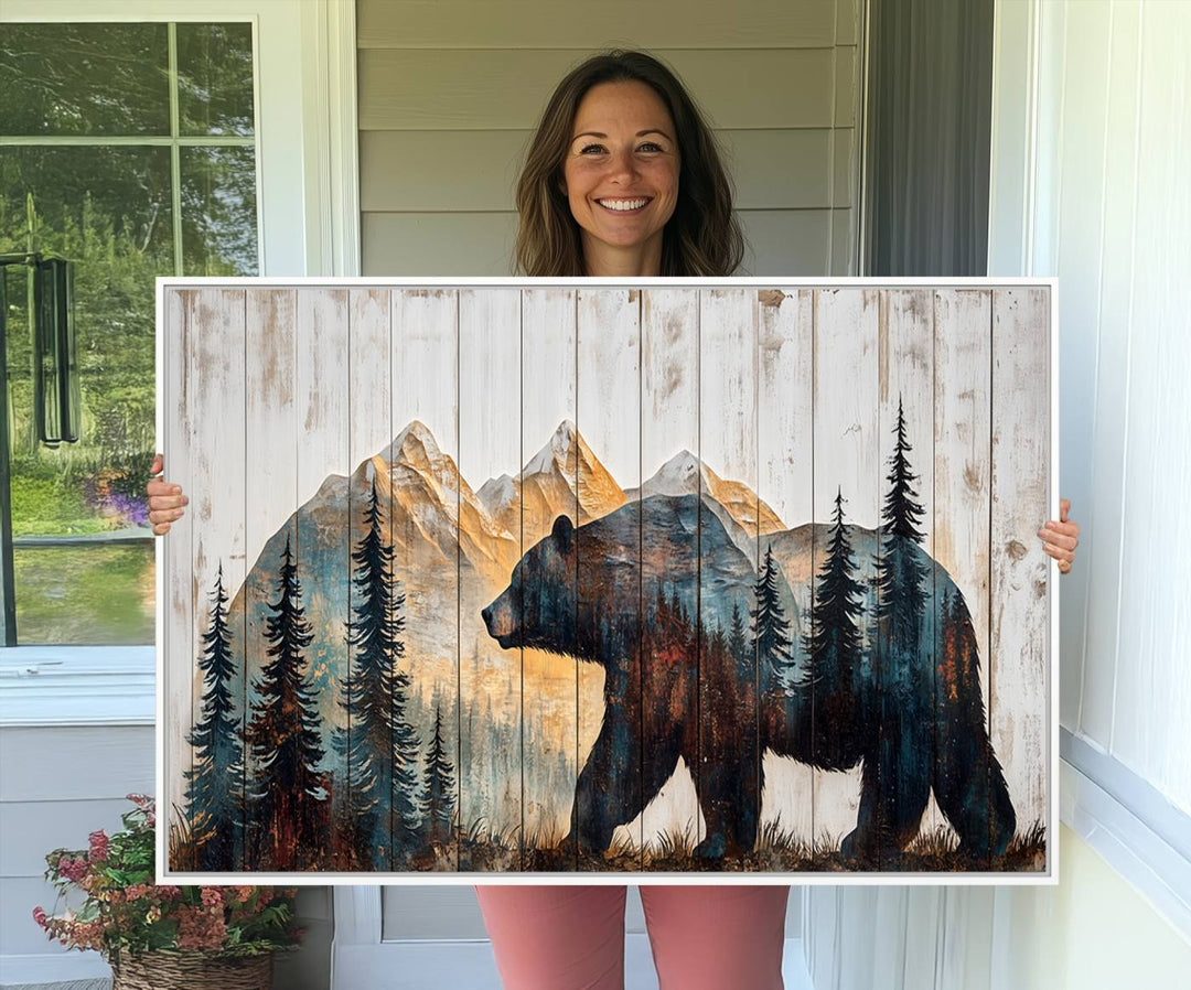 Grizzly 399 Wall Art triptych features a serene mountain scene.