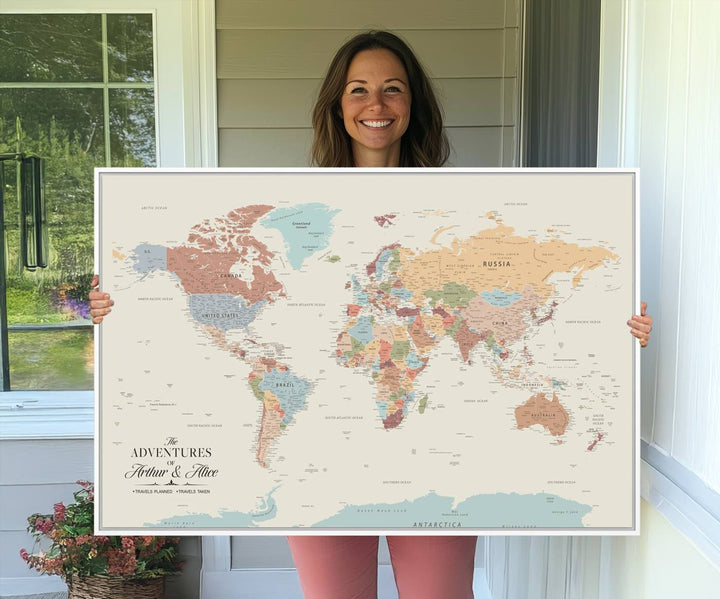 A large, colorful Custom World Map Canvas hangs on the light-colored wall.