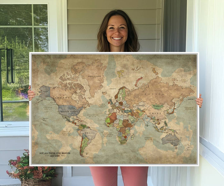 A Personalized World Map Canvas Print in vintage style enhances the setting with its artistic charm.