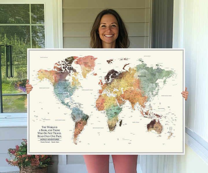 A colorful Personalized World Map Canvas Print, ideal as wall art for living room or office.