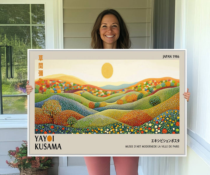 The Yayoi Kusama Wabi Sabi Japanese Wall Art Print features a vibrant landscape with dots, sun, and mountains.