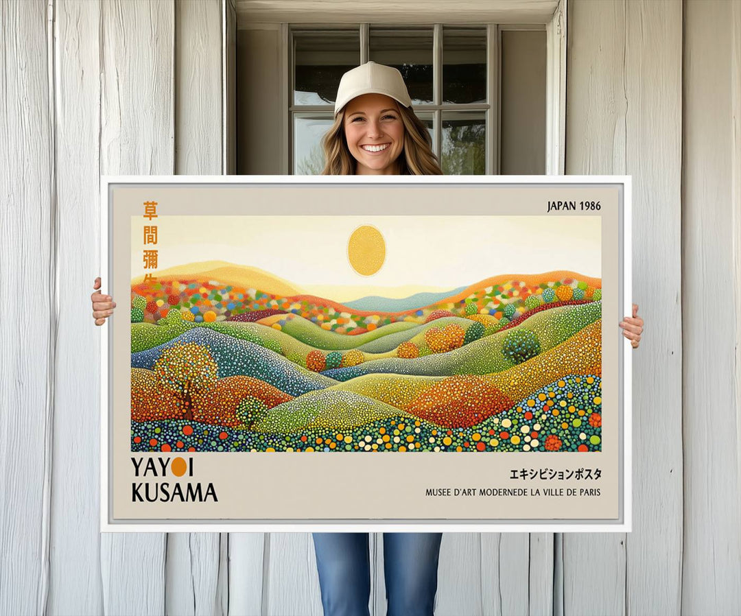 The framed Yayoi Kusama wall art print features a vibrant abstract landscape design from the 1986 Wabi Sabi Japanese Wall Art Print.