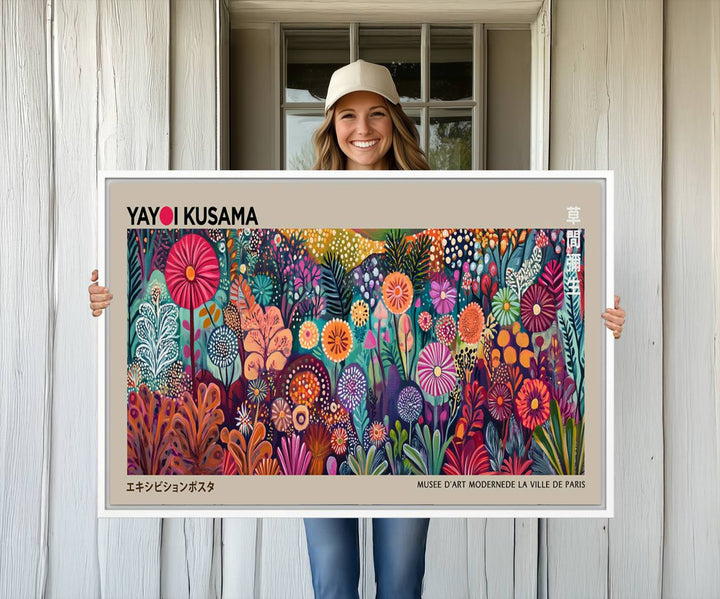 A framed "Yayoi Kusama Wall Art Canvas Print" showcases an abstract floral design, reflecting Japanese aesthetics.