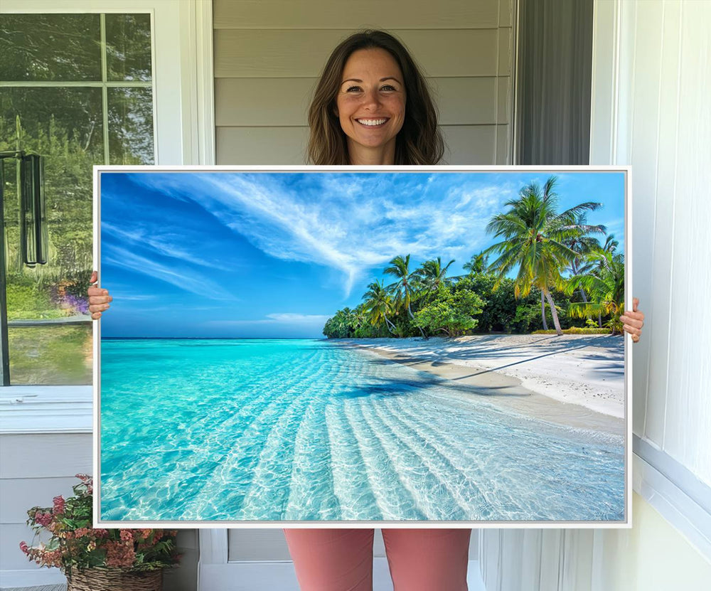 The Tropical Beach Wall Art Canvas Print features turquoise water and palm trees.