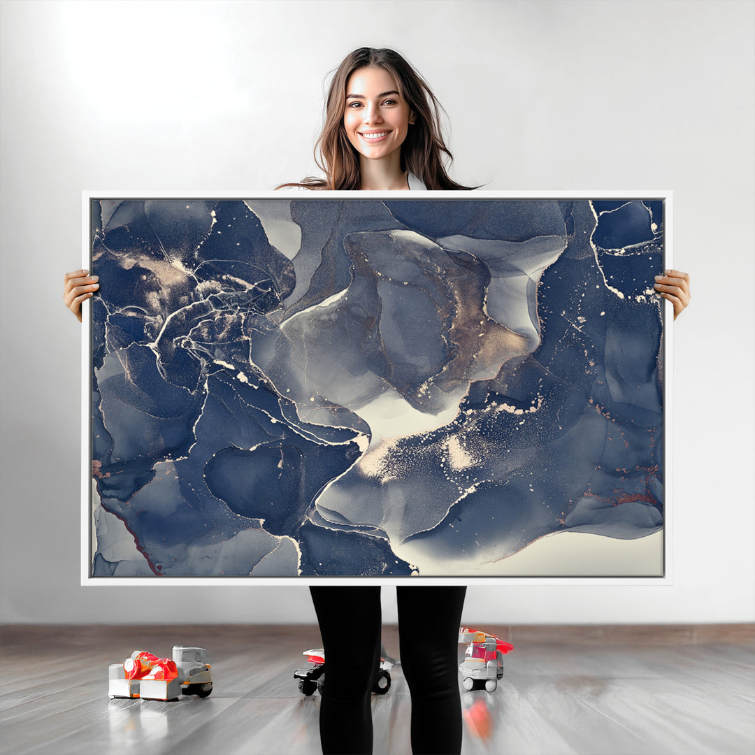 Large Abstract Blue and Gold Canvas Wall Art | Fluid Ink Artwork Print | Luxury Wall Decor for Contemporary Interiors | Framed Ready to Hang